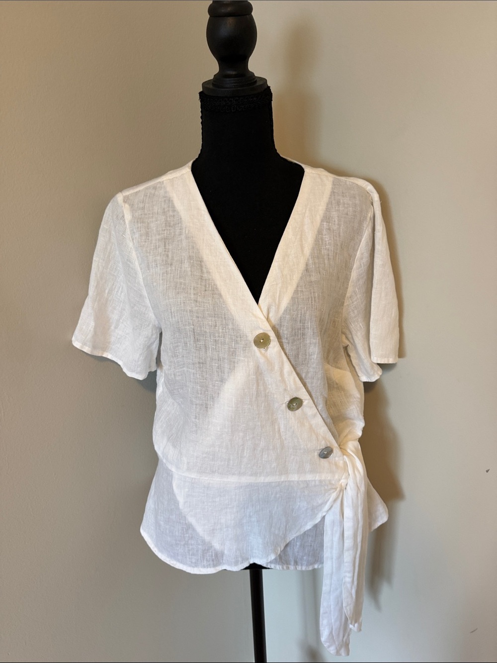 H&M White Linen-Blend Wrap Button Blouse